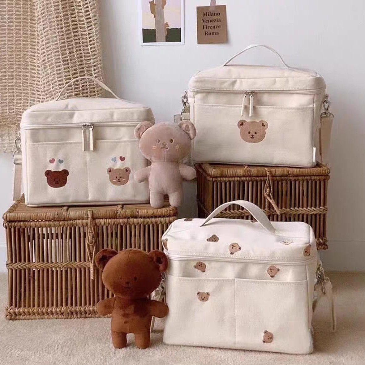 2025 Children's Bear Insulated Bag Baby Stroller Storage Bag Mommy Bag Portable Bag Embroidered Pattern
