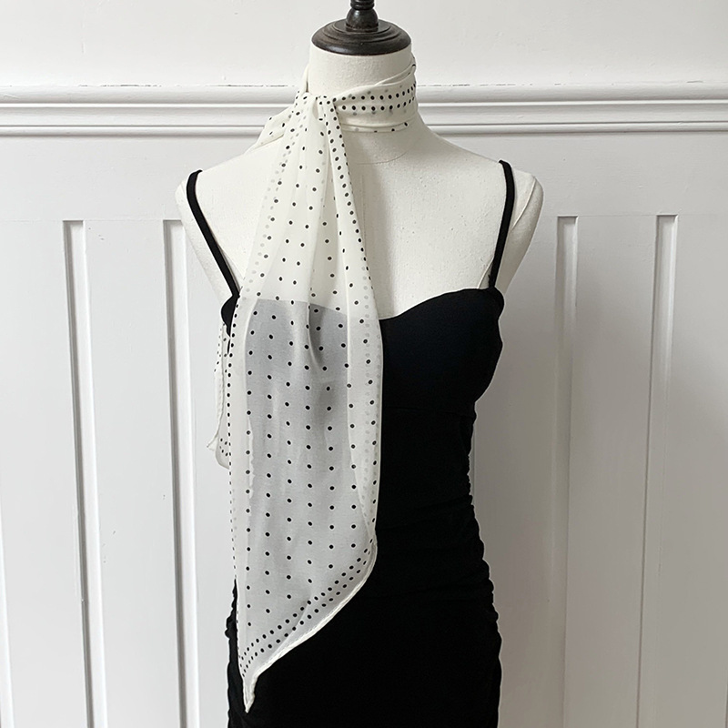 Pañuelo de seda de lunares de tira larga, cinta estampada de alta calidad, bufanda decorativa de relajación de todo fósforo de primavera y verano, temperamento, cinta para el cabello, accesorios para el cabello