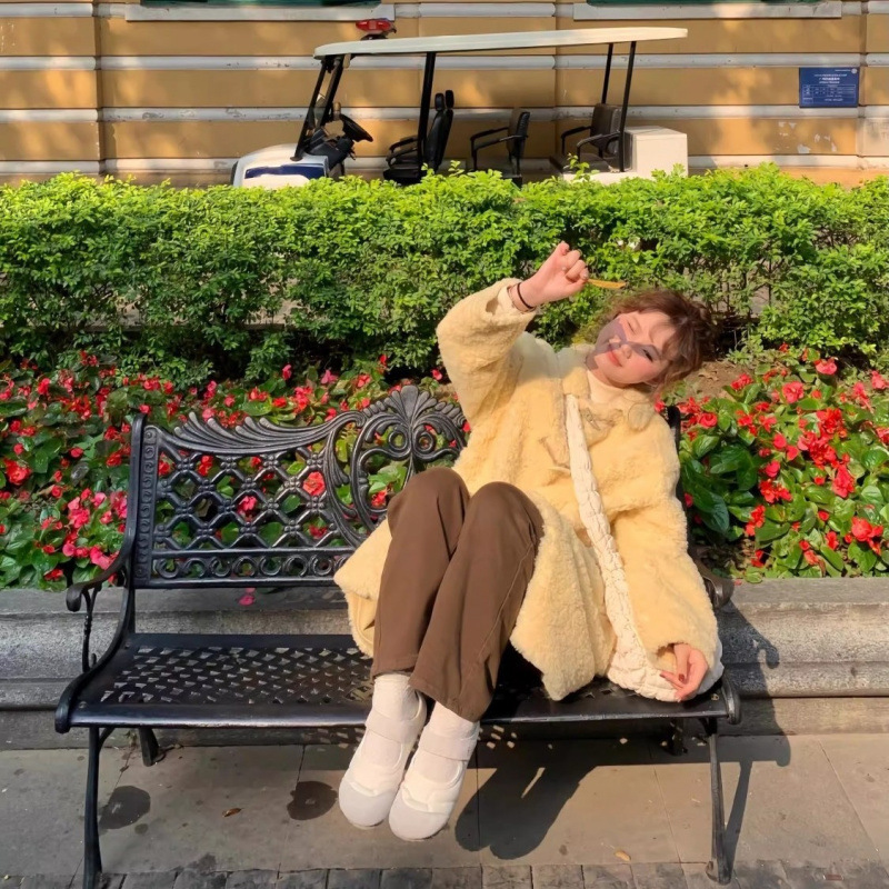 羊羔毛上衣中长款毛毛外套女韩系秋冬软糯皮撞色牛角扣大衣|undefined