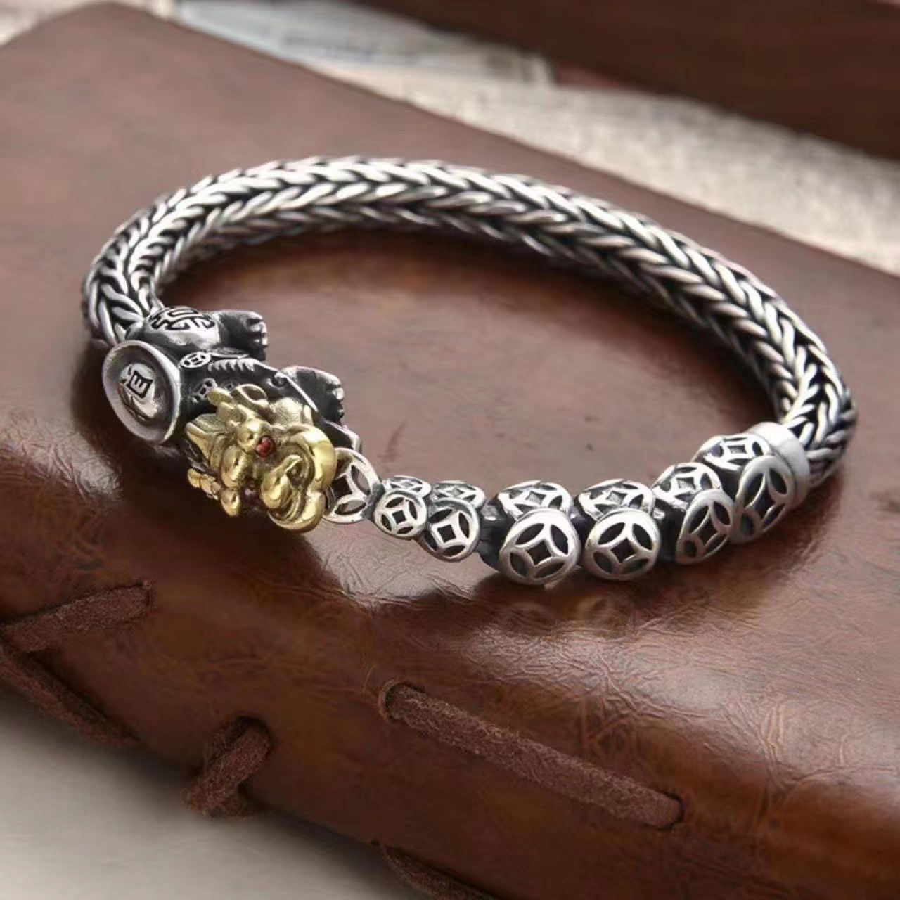 Cross-border AliExpress vintage copper coin bracelet men's bracelet personality domineering trendy men's dragon bone chain distressed Thai silver bracelet