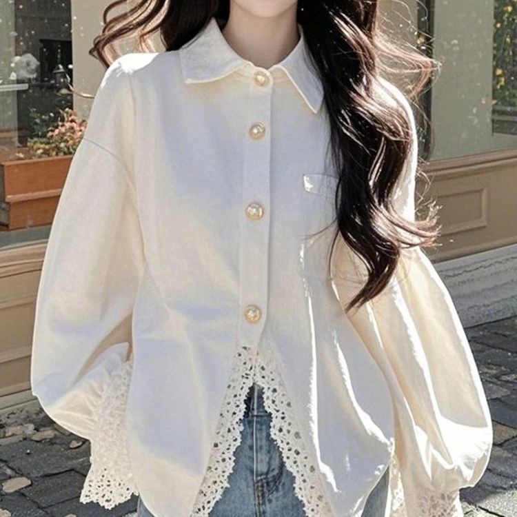 Shanli Dadi High-End White Lace Splicing Shirt for Women 2025 Spring New Design with Age-Reducing and Western Style
