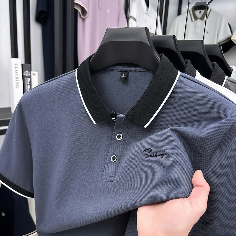 Camiseta de polo de verano de perlas frescas de hombre camiseta de manga corta de negocios de mediana edad casuales de papás con collar top bordado
