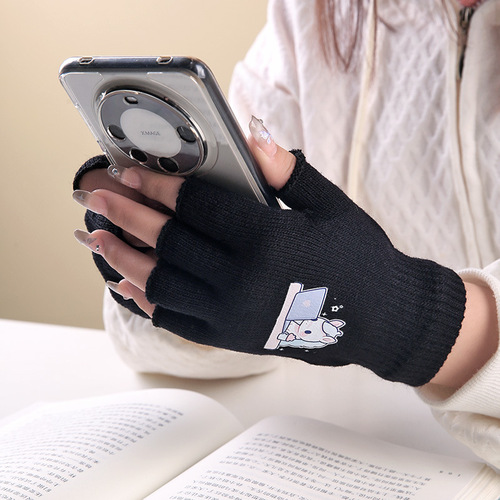 Cartoon Half-Finger Gloves with Heel Straps, Suitable for Men and Women, Autumn and Winter Knitted Woolen Gloves, Finger-Revealing Design, Ideal for Writing, Office Use, and Warming