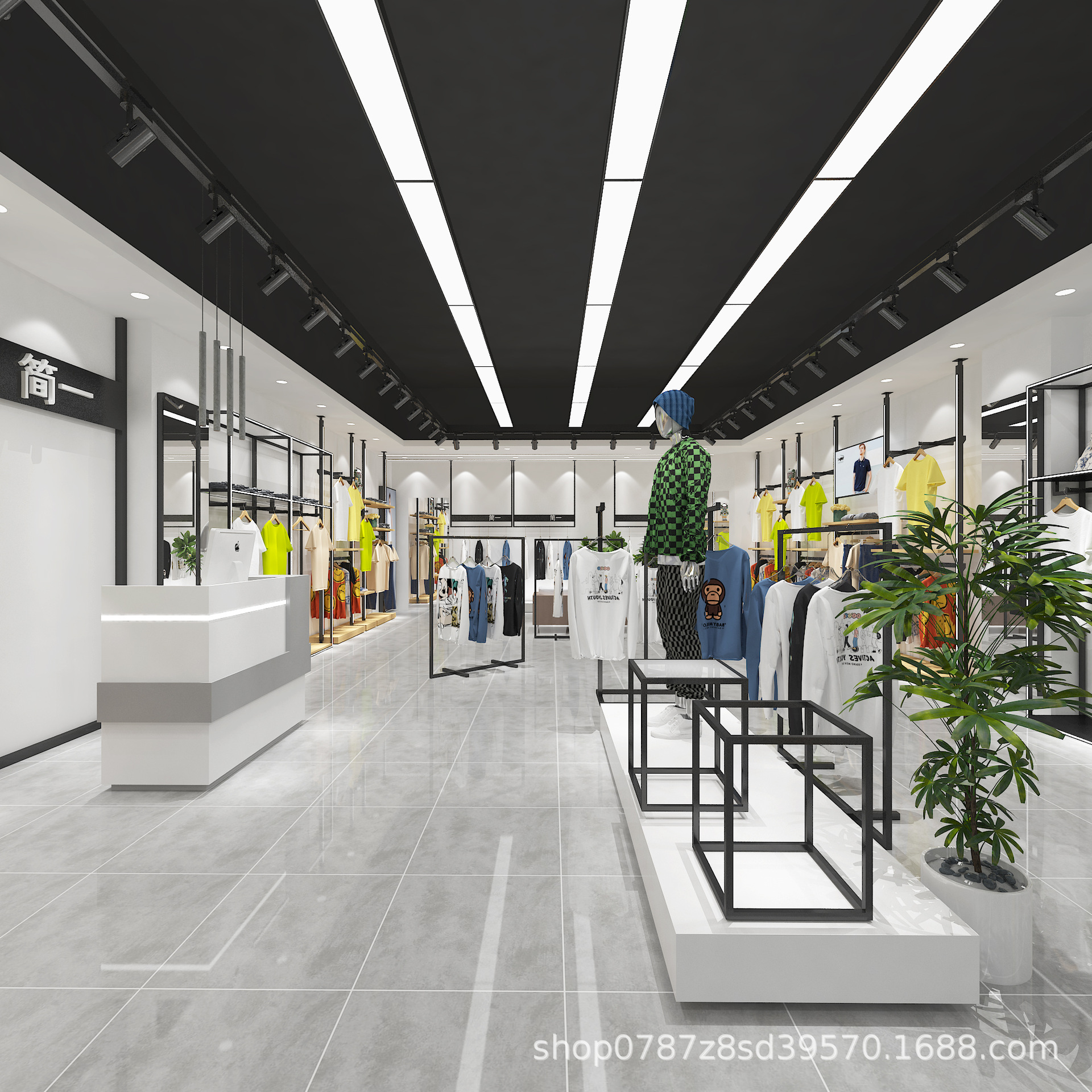 Estante de exhibición de la tienda de ropa para hombres con luces, perchas de la tienda de ropa, postes del cielo y la tierra, estantes de piso, estantes de exhibición en la pared