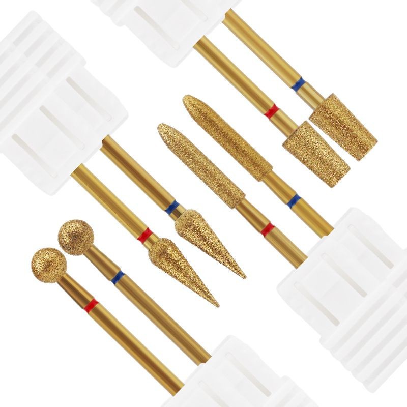 Cabezal de pulido de diamante chapado en oro transfronterizo, exfoliante de bolsillo, pretratamiento, cabezal de pulido largo fusiforme, manicura profesional