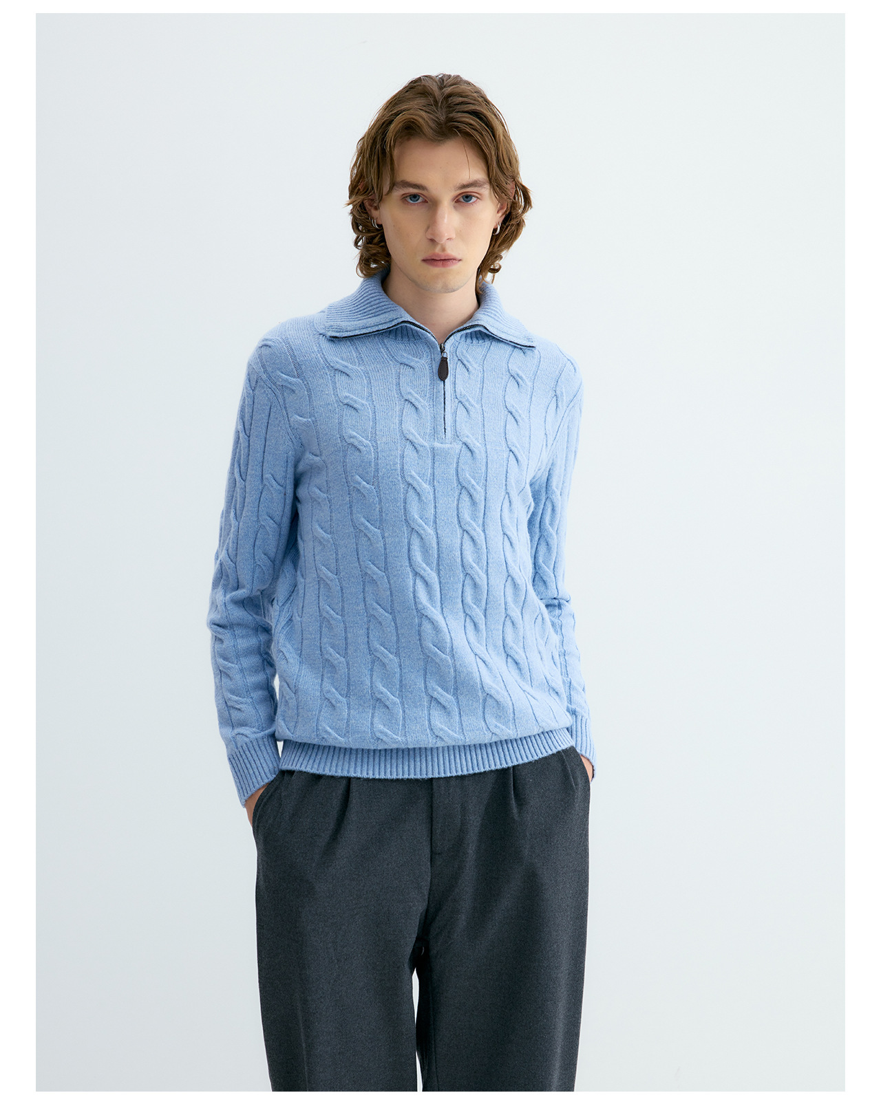 UNF 530g Cable-Knit Half-Zip Polo Sweater