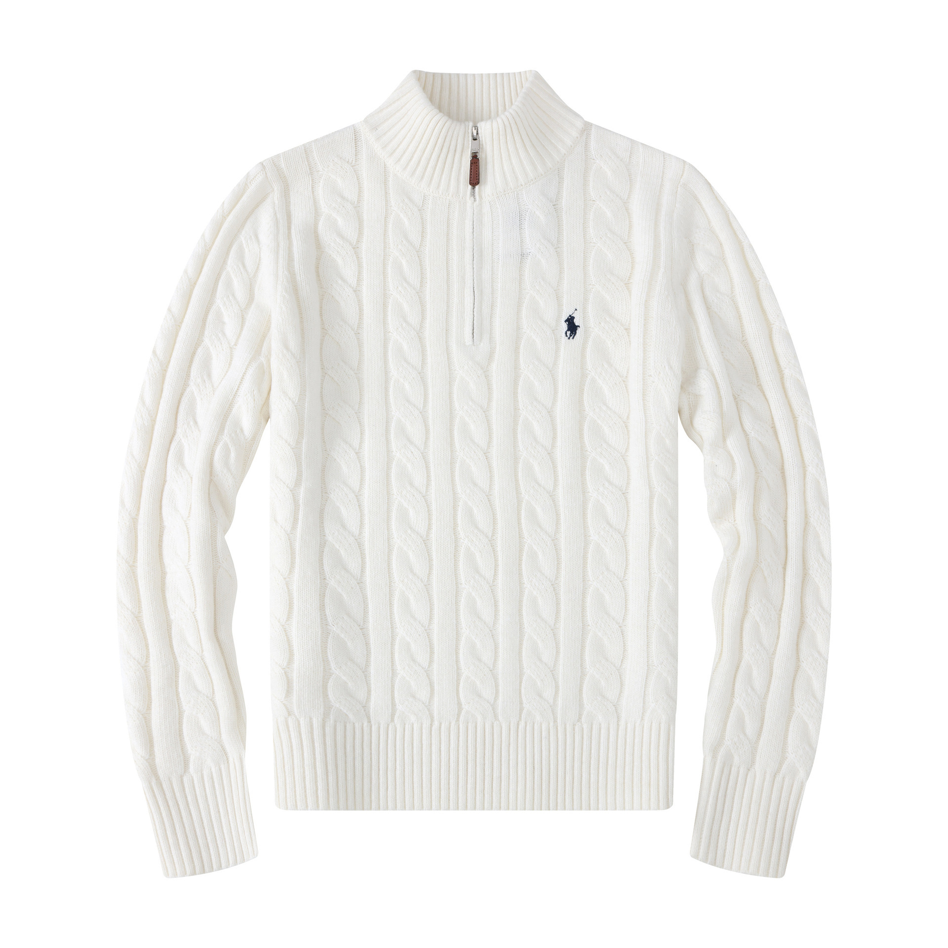 Autumn and Winter Polo Half-High Collar Zippered Wool Cable Knit Sweater, Warm and Thick Cable Knit Sweater with Half-High Zipper