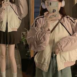 实拍韩版时尚撞色棒球服外套新款宽松显瘦设计感夹克上衣