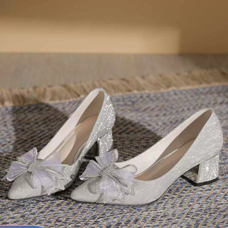Свадебные туфли для полных и широких стоп 2025 новые с бантом на высоком каблуке, расширенные и утолщенные, с острым носком, на толстом каблуке, цвет шампань, балетки