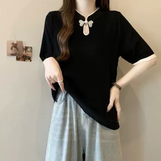 大码新中式国风盘扣螺纹短袖T恤女2025夏季新款宽松显瘦胖mm上衣