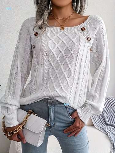 Elegant White Crew Neck Knit Sweater for Women Soft Cross-border