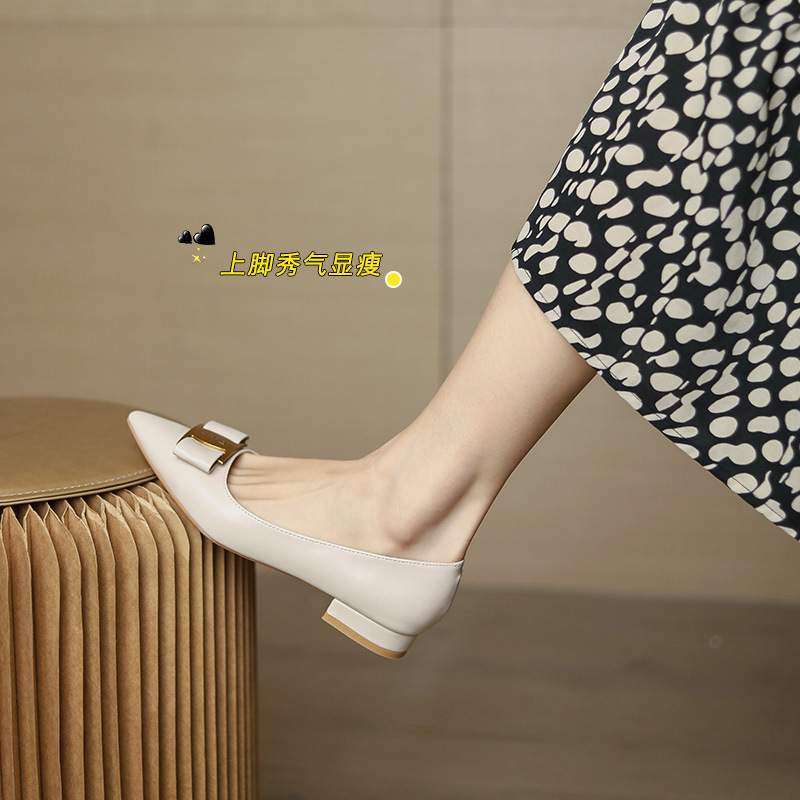 2022 primavera y otoño nuevo botón de metal retro arco de cabeza de punta superficial zapatos de mujer zapatos planos para mujeres 862 - 8