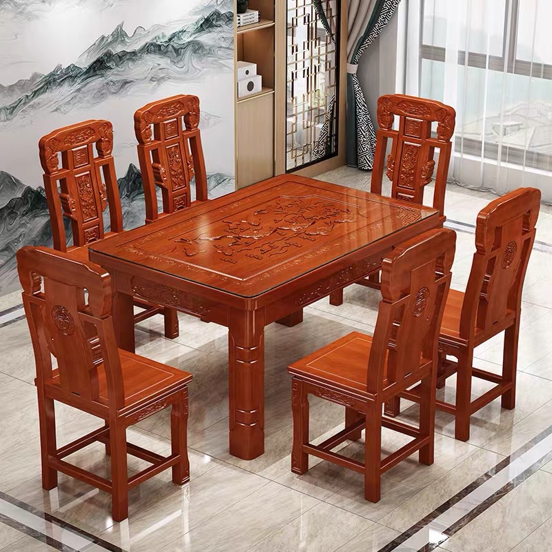 Chinese-style antique carved wood Ming and Qing dynasty classical dining table for home use, suitable for both large and small household types, rectangular restaurant-style dining table