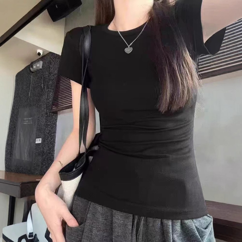 American Style Black Shoulder Short-sleeved T-shirt Women's Summer 2024 New Solid Color Hot Girl Slim-fit Slim-fit Stretch Top