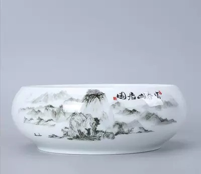 T陶瓷烟灰缸大号家用客厅复古中国风笔洗桌面果壳收纳渣缸青花茶