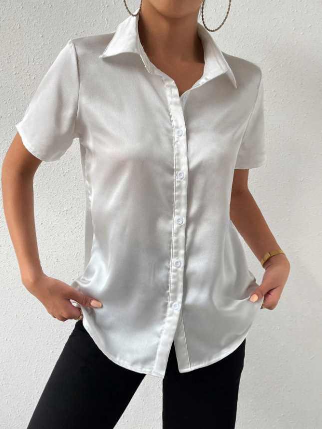 Camisa de satén con botones en stock, éxito de ventas en Amazon 2025, top casual holgado de satén, ropa de mujer transfronteriza