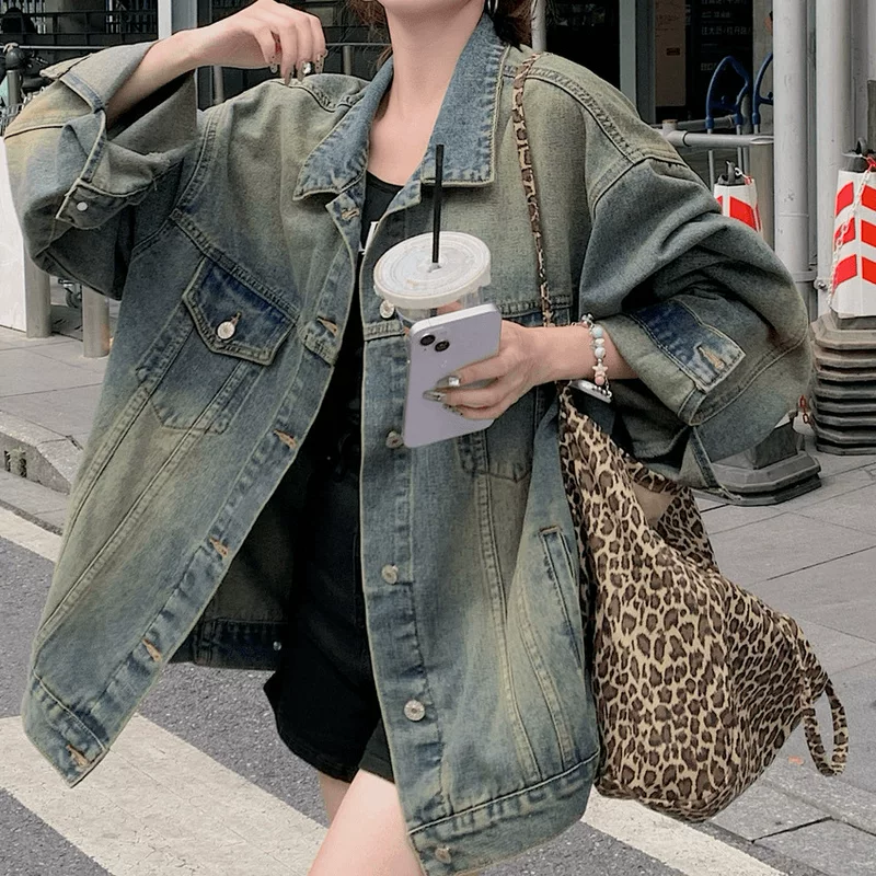 Ретро джинсовая куртка, американский стиль, свободный крой, oversize, ностальгия