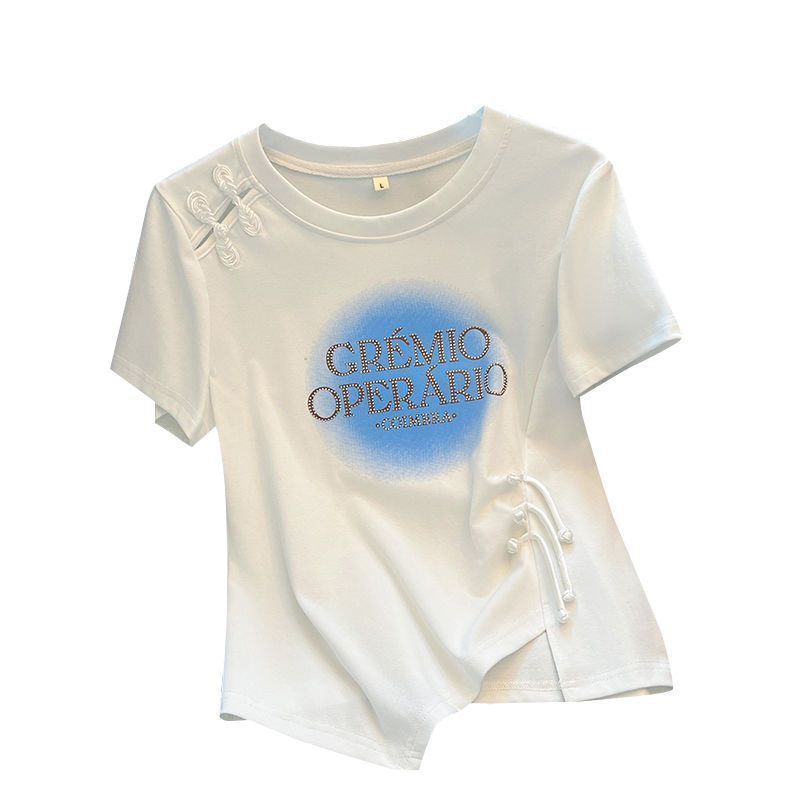 Nueva camiseta de manga corta con cuello redondo de diamantes calientes de estilo chino para mujer, nuevo estilo de alta gama, top casual con hebilla de disco súper atractivo