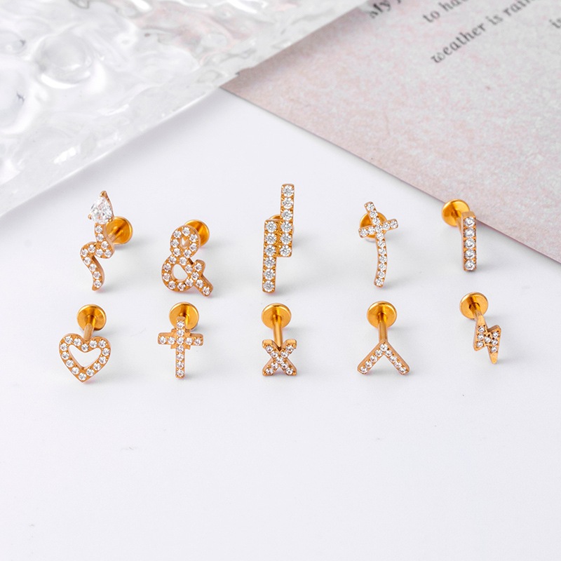 Fashion Heart Shape Titanium Steel Plating Zircon lip stud Ear Studs 1 Piece