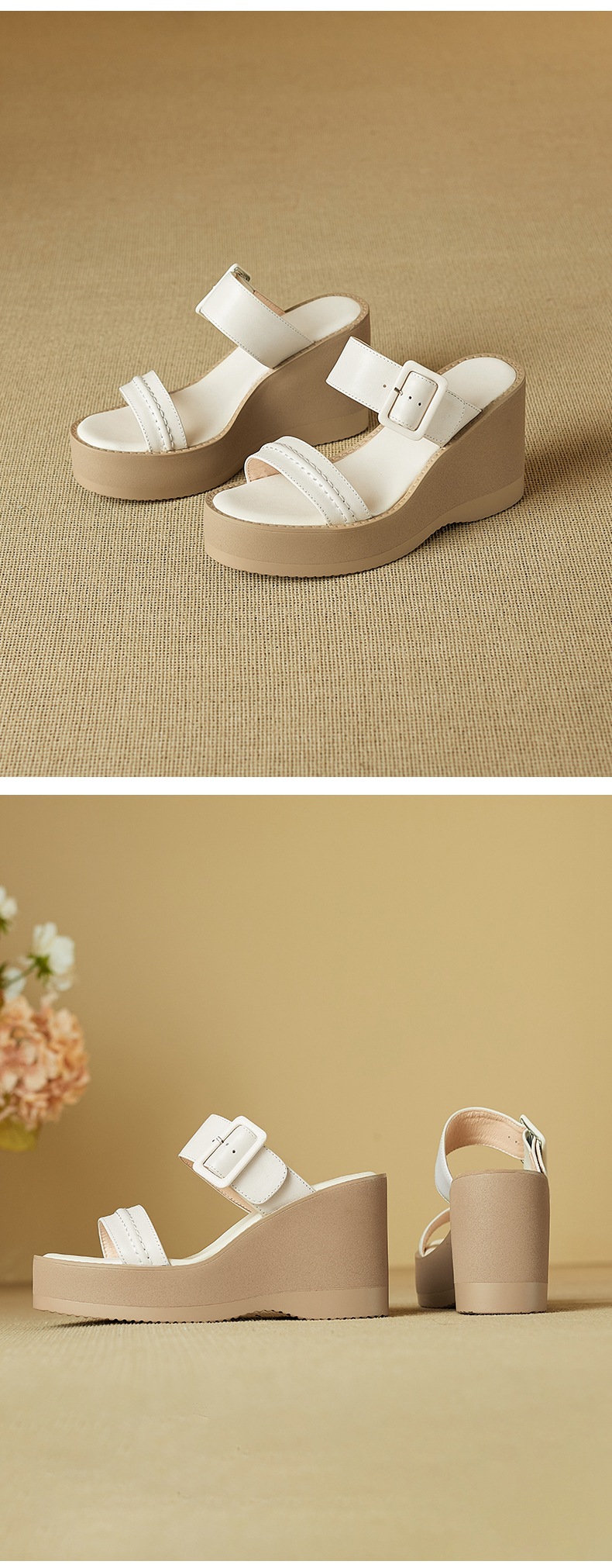 Sandal cao gót nữ hở mũi đế xuồng da bò quai một chữ thắt nút — màu trắng ngà chi tiết 10