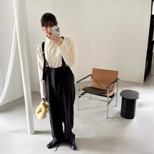 乾鹤春夏新款日系老钱风文艺阔腿休闲裤宽松高腰背带长裤女