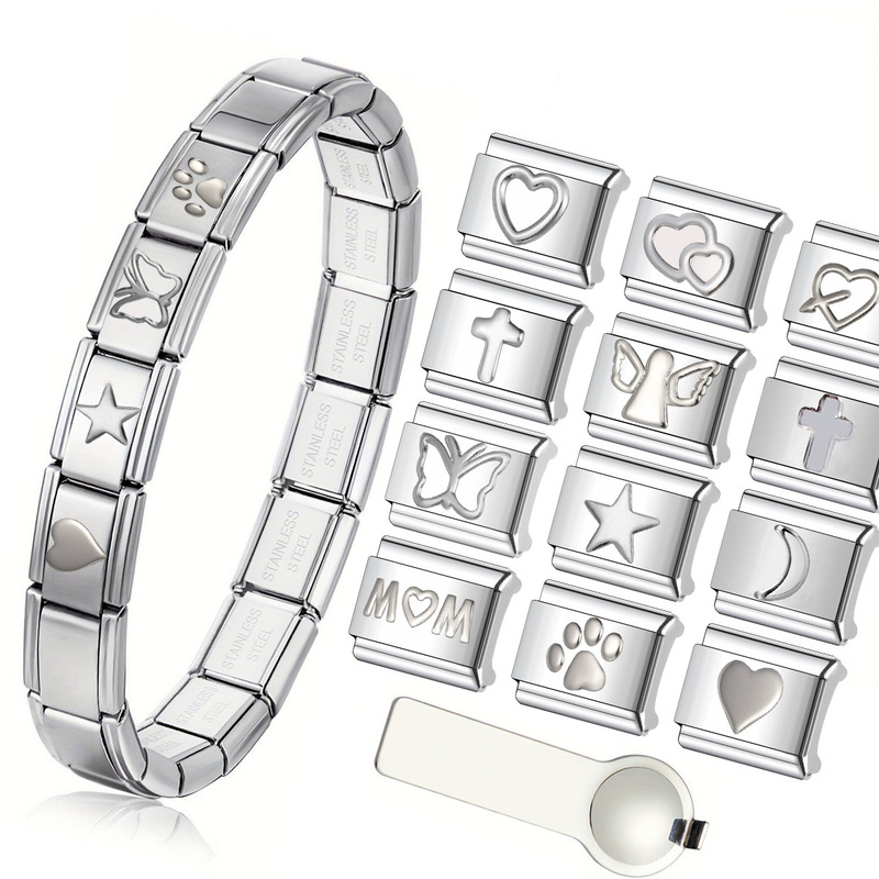New Personalized Stainless Steel Heart-Shaped Italian Module Bracelet with Elastic Splicing and Stamped Stars and Butterflies DIY Accessories