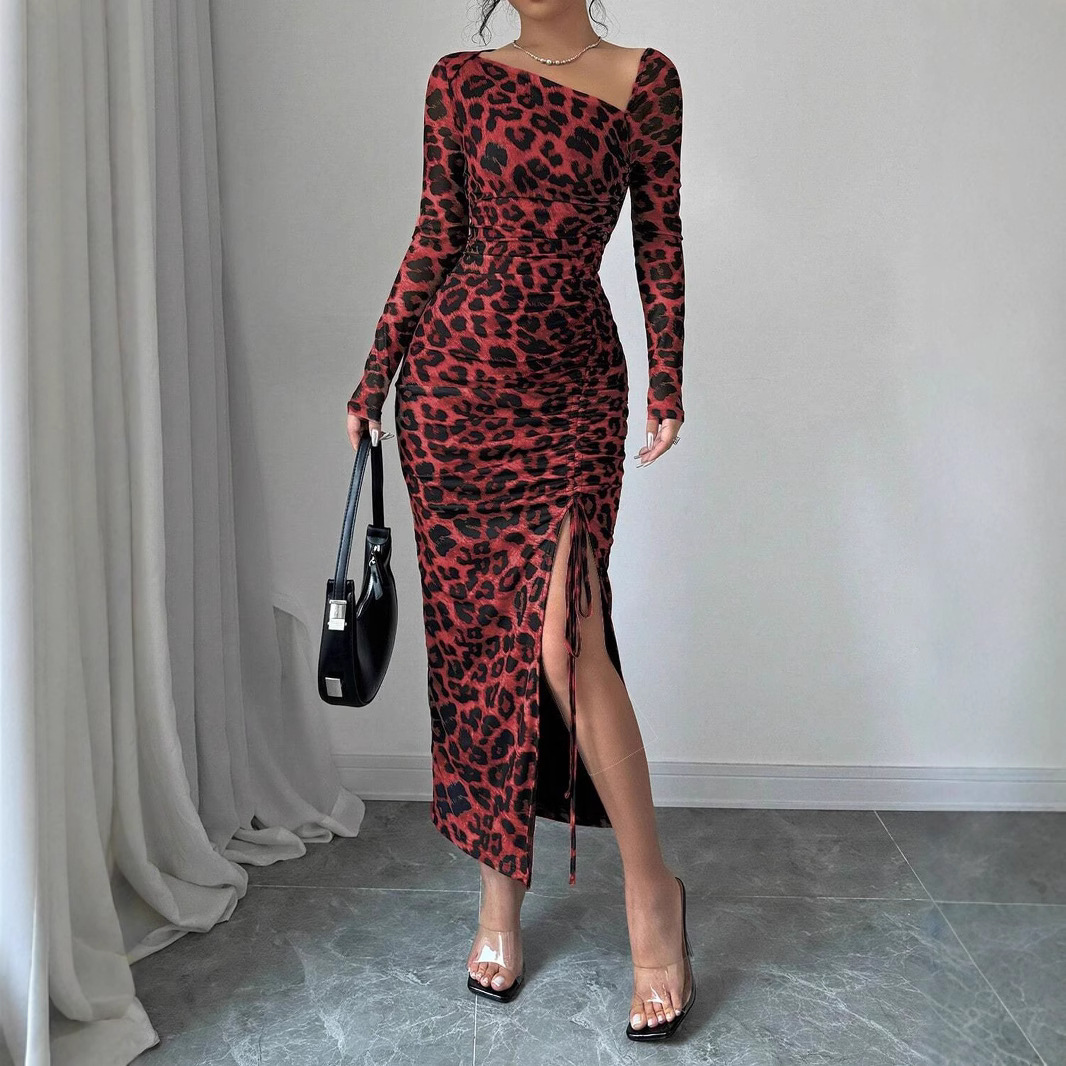Bodycon Leopard Print Dress – Long Sleeve Wrap Mini Dress With Drawstring Waist (S-XXL, Coffee/Red/Black, Sexy Euro-Chic Spring Style)_ecoleips.com