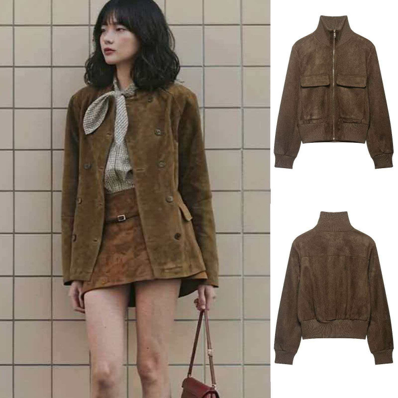 Cross-Border Foreign Trade Women's Clothing European and American Za Aliexpress Hot-Selling Spring Retro Versatile Caramel Brown Suede Jacket Cross-Border Foreign Trade Women's Clothing European and American Za Aliexpress Hot-Selling Spring Retro Versatile Caramel Brown Suede Jacket
