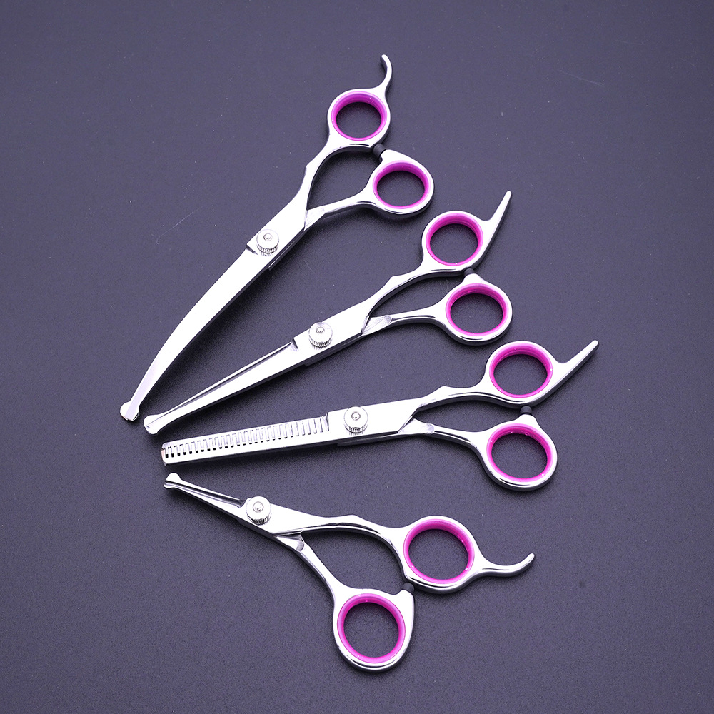 Ventas directas de fábrica de tijeras de aseo para mascotas, tijeras planas profesionales de acero inoxidable, tijeras curvas de corte de pelo, tijeras de dientes delgadas para gatos, tijeras para mascotas