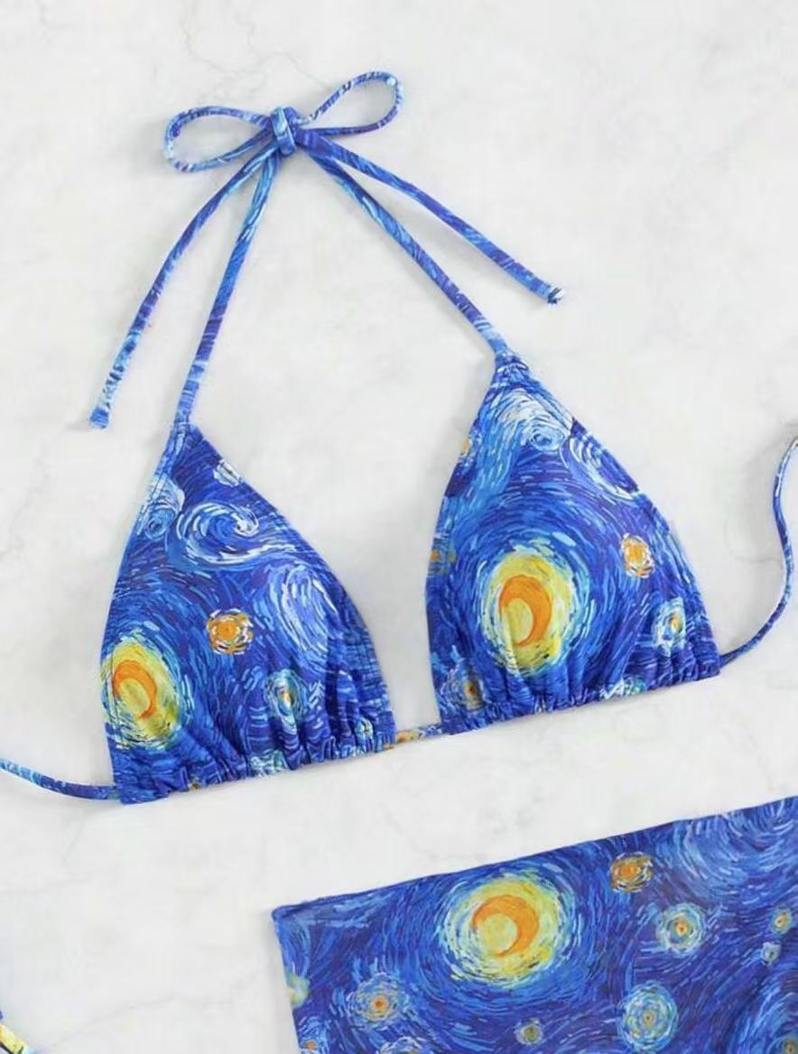 Van Gogh Starry Night Print Bikini Set Adjustable Halter Swimwear_voghion.com