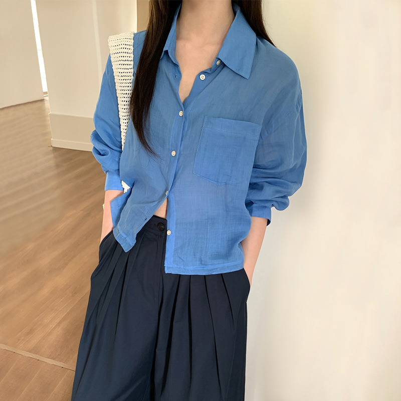 韩迅 薄款经典百搭亚麻衬衣女2025早秋新款纯色宽松系扣开衫25482