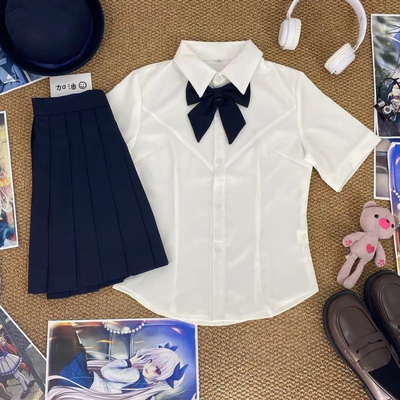 오리지널 JK 화이트 웨이스트 셔츠 가슴 라인 일본식 학교 주름 스커트 유니폼 세트 슬림 핏 슬리밍 여성
