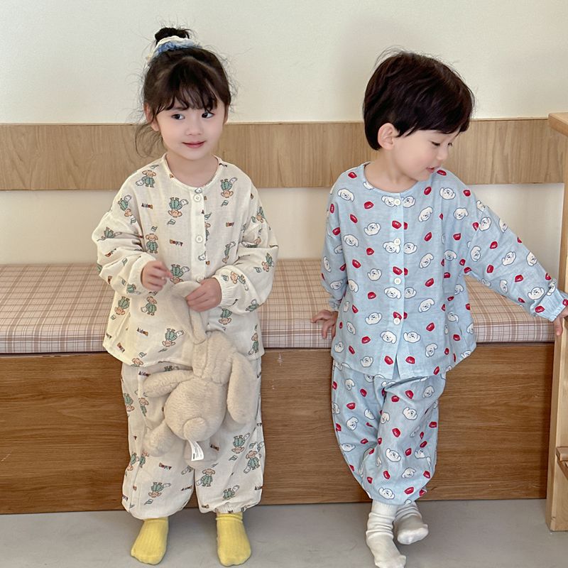 Bộ đồ ngủ mặc nhà dài tay vải gạc mùa xuân trẻ em bộ đồ điều hòa trẻ em thoáng khí