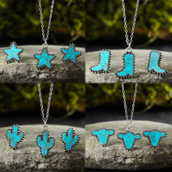 Cross-Border Hot Selling Cactus Star Bull Head Heart Turquoise Earrings Necklace Set Simple Color Alloy Jewelry