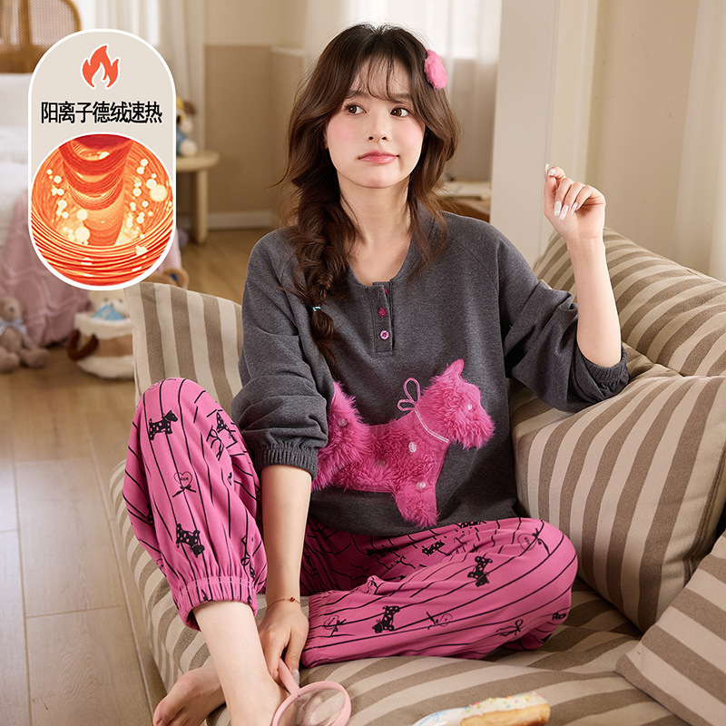 Derong Pajamas Women's Autumn and Winter Sweet and Cute Plus Velvet Thickened Cashmere Silk Warm 2025 Set Home Clothes