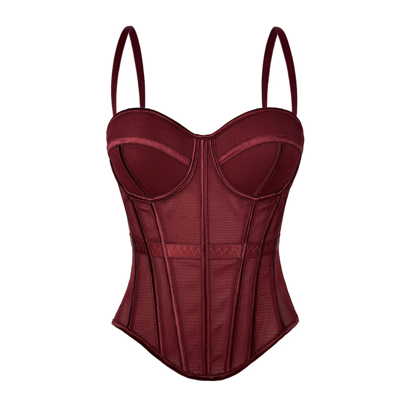 European and American Pure Color Fashionable Fishbone Bra, Waist Slimming Look Mesh Camisole with Breast Pads, Fishbone Top for Outer Wear European and American Pure Color Fashionable Fishbone Bra, Waist Slimming Look Mesh Camisole with Breast Pads, Fishbone Top for Outer Wear