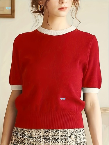 Contrast Trimming Knitted Top T-shirt Elegant Casual Holiday