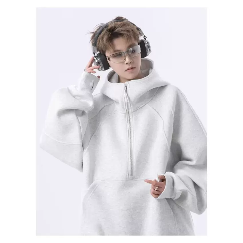 跨境亚马逊半拉链套头卫衣男女款春秋季设计感宽松休闲连帽衫外贸