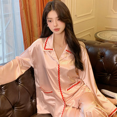 睡衣套装女春秋色丁长袖长裤开衫家居服高级撞色家居服套装可外穿