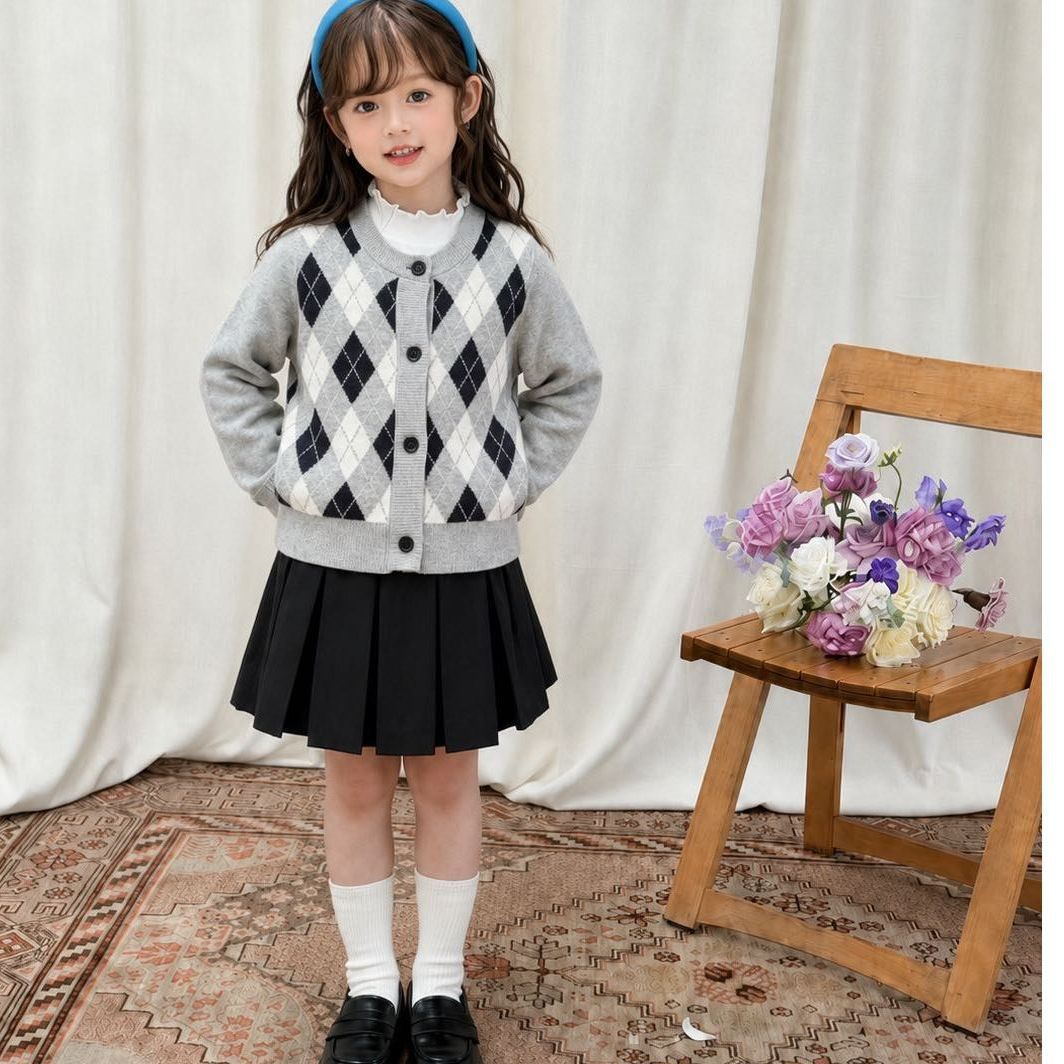 Girls' knitted cardigan, spring and autumn, Korean style, preppy style, baby gray diamond pattern sweater coat, children's versatile top
