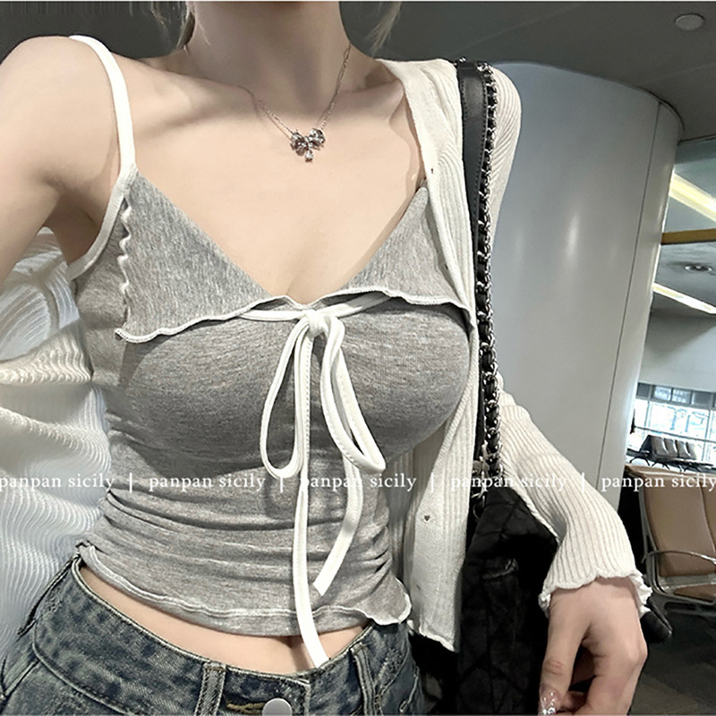 Contrast Color Lapel Tie Rope V-Neck Small Suspender Women's Summer Slimming Look Inner Vest with Built-In Chest Pad Sexy Top