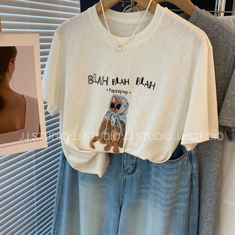 Snowflake Cotton Cute Cat Print Loose Short-Sleeved T-Shirt for Women Spring and Summer Snowflake Breathable Half-Sleeved Top
