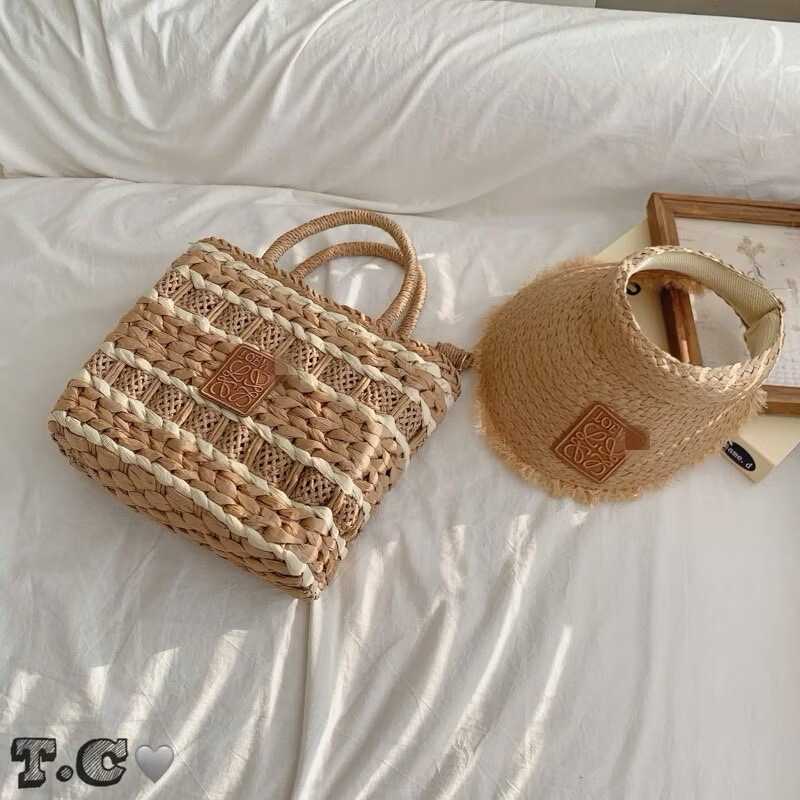 Luowei 2025 Headband-Style Open-Top Straw Hat Sun Protection Hat Portable Vacation Beach Bag Straw Woven Basket Bag