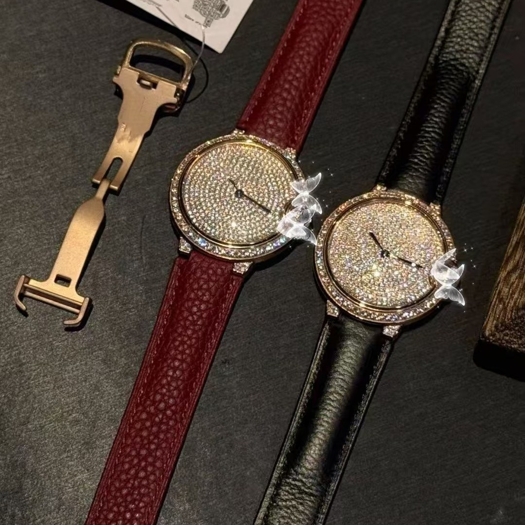 Luxury Full Diamond Quartz Watch for Couples, Genuine Leather Strap, Same Style as Popular Influencers