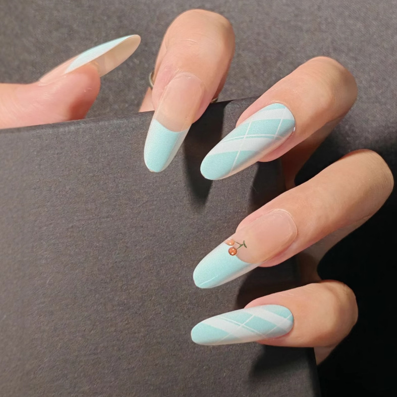 High-Value Brightening French Green Diamond Cute Manicure Fresh Cherry Handmade Detachable Nails