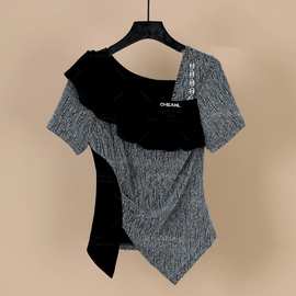 夏季新款撞色不规则斜领设计感短袖T恤女2024年轻奢烫钻显瘦上衣
