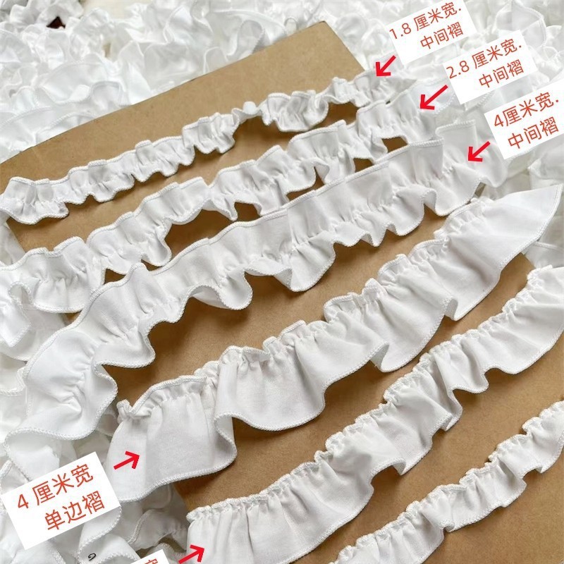小さめサイズの白い綿縁飾り付きレトロな服の裾、ロリータ風綿生地の白いホームウェア、花飾りの付属品