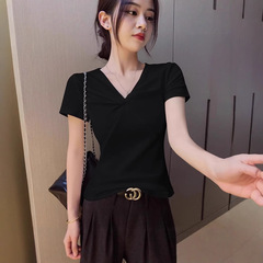 新しいハイエンドシャツレディースVネック半袖Tシャツ夏純粋な欲望ツイストデザイン右肩痩身トップ