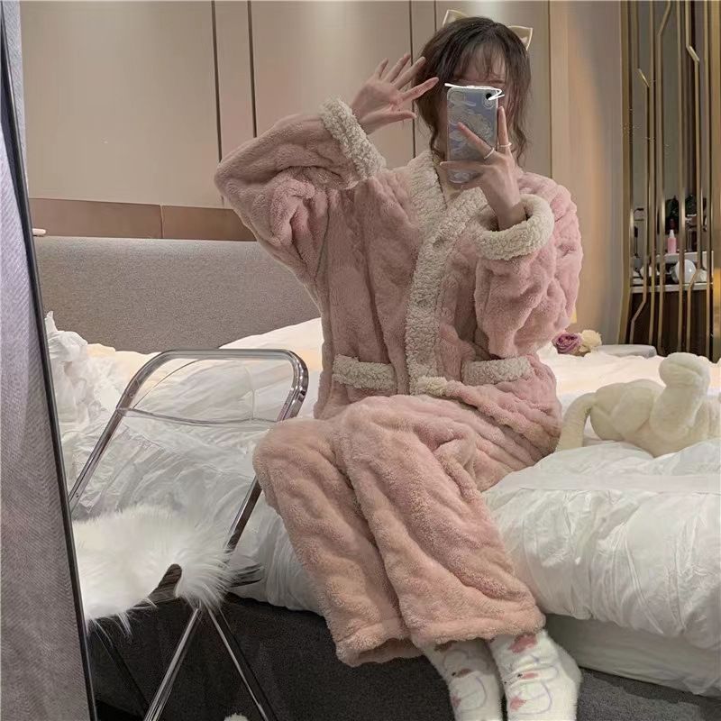 Al por mayor transfronterizo pequeño viento fragrante pijama de franela de invierno de otoño mujeres más terciopelo espeso coral terciopelo dulce cubierta de ropa para el hogar de estudiantes