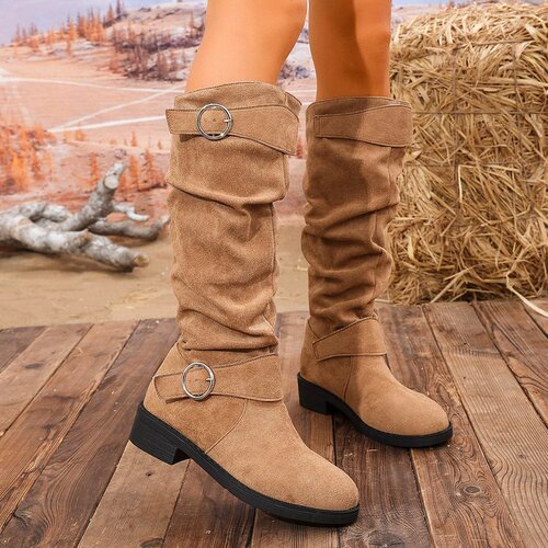 Women's Oversized Boots with Folded Belt Buckle, Over-the-Knee, Thick Heel, Skimpy Long Boots